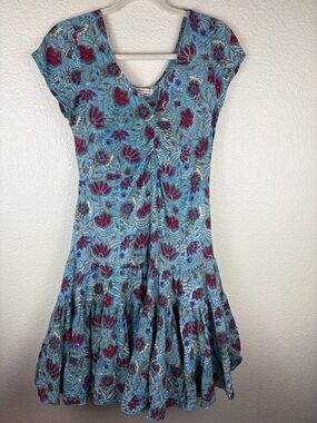 Trade Cloth Blue Floral Paloma Dress Short Cap Sleeve Passion Flower Women's XS